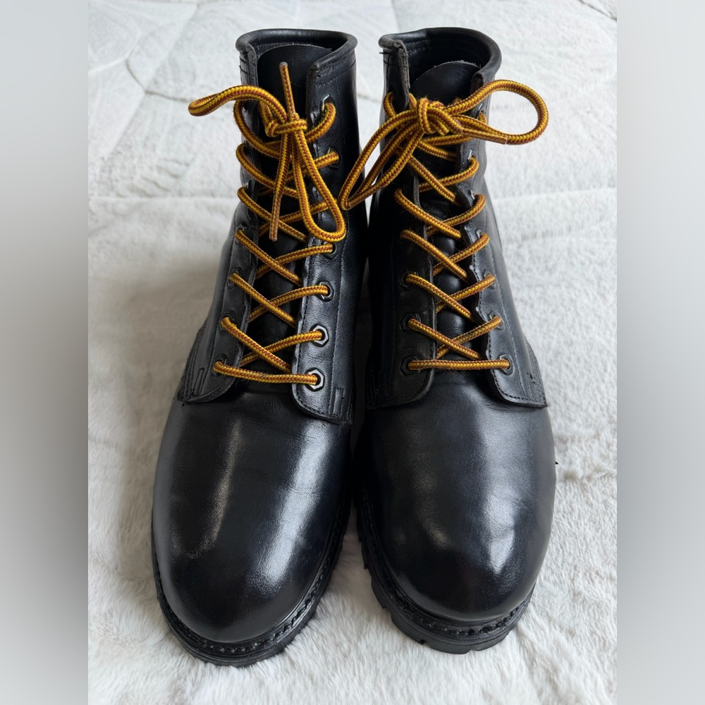 Frye Black Leather Combat-Style Boots with Gold-Tone Laces